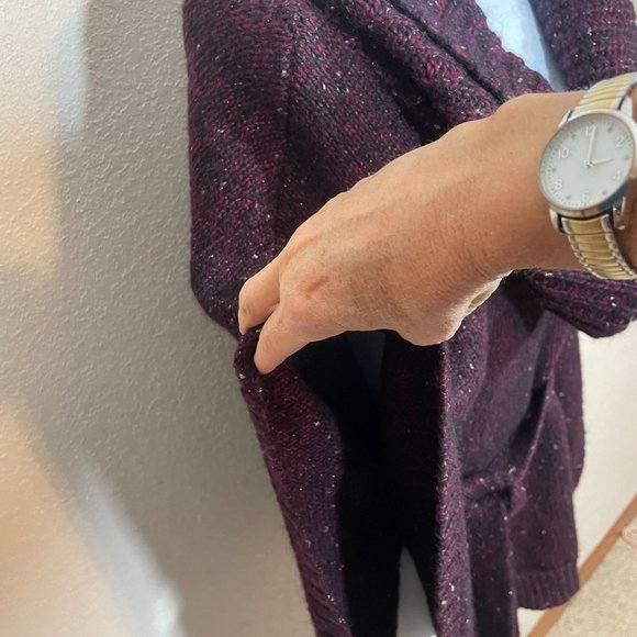 White House Black Market Poncho Sweater Mohair Wool Marled Knit Belted Metallic - Picture 5 of 13